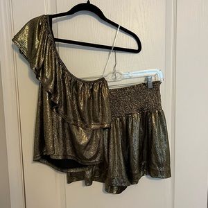 Tcec Gold Shimmer One Shoulder Ruffle Top & short set